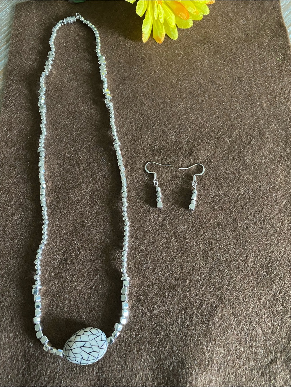 Stainless Steel Beaded Necklace with White Crackle Pendant and Matching Earrings